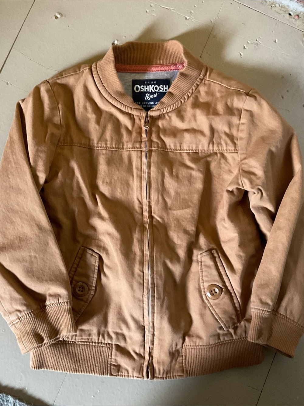 OshKosh B’gosh Toddler Bomber Jacket Tan Cotton Zip Front Size 2T